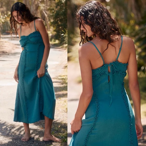 NWT Free People Inessa Ruffle Midi Dress Dragonfly Turquoise - Picture 7 of 7